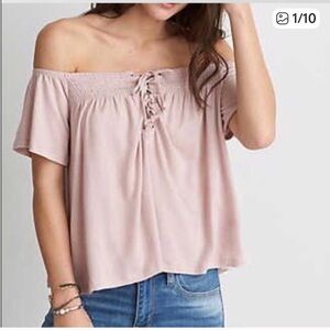 Womens American Eagle Pink Lace Up Off The Shoulder short sleeve shirt Medium